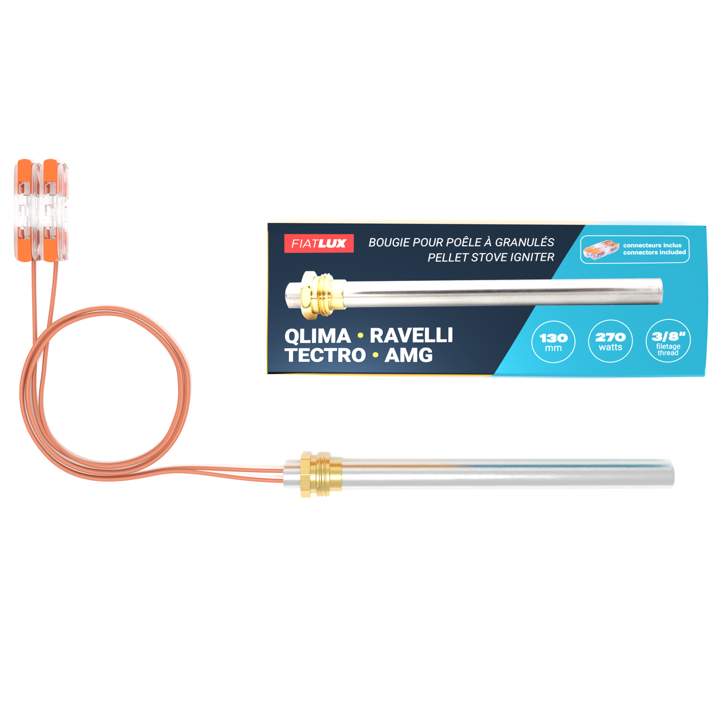 Bougie pour poêle à granulés 130mm - 270W - QLIMA / RAVELLI / TECTRO / AMG