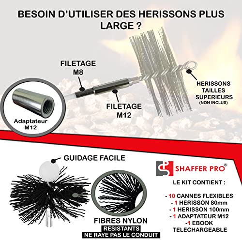 SHAFFER PRO | kit de ramonage pour poêle à granulés 6 mètres | hérisson ramonage 80 mm / 100 mm | 10 tiges de ramonage flexible | Ebook OFFERT à Télécharger poêle pellets / granules | home kit