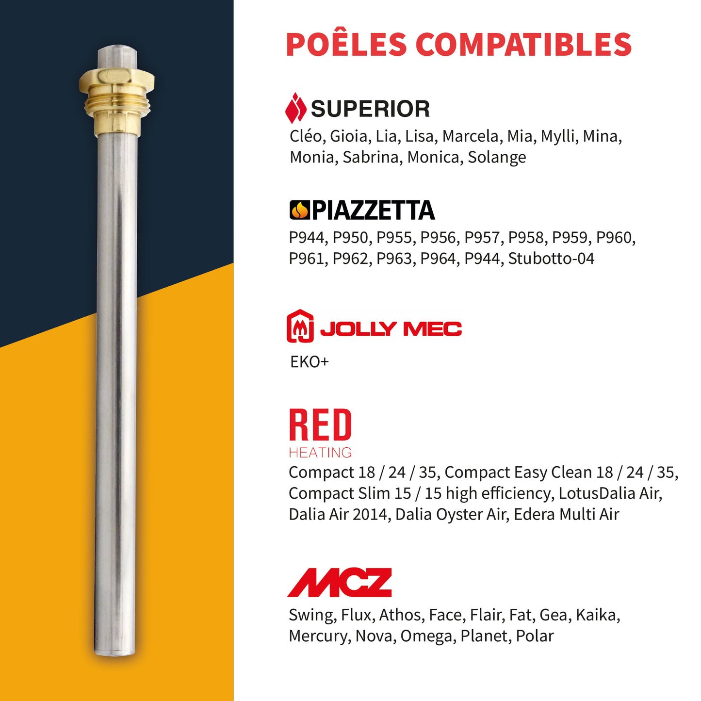 Bougie pour poêle à granulés MCZ - SUPERIOR - PIAZZETTA - JOLLY MEC - RED - INTERSTOVES - INVICTA - FREEPOINT (140mm - 280W)